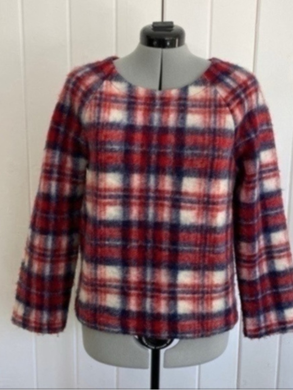 Madewell Red Navy Cream Plaid Fuzzy Pullover Top